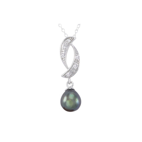 Black Pearl Necklace Abstract Cresent Design White CZ Sterling Silver - Jewelryland.com