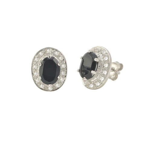 Black Onyx Gemstone Stud Earrings Sterling Silver Oval Micropave CZ Accent - Jewelryland.com
