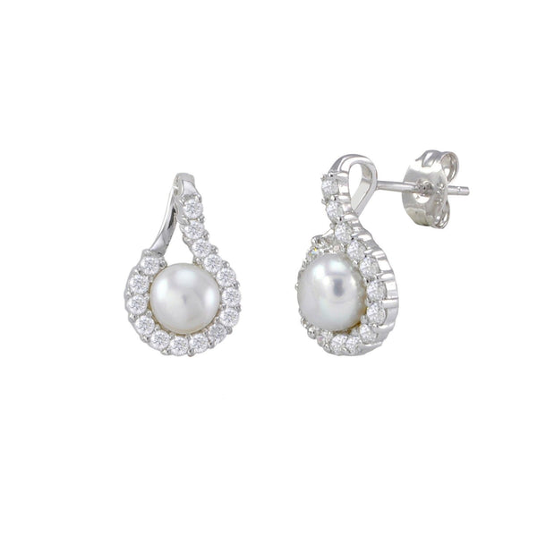 White Freshwater Pearl Sterling 925 Silver Earrings with Fancy White CZ Surround - Jewelryland.com