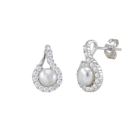 White Freshwater Pearl Sterling 925 Silver Earrings with Fancy White CZ Surround - Jewelryland.com