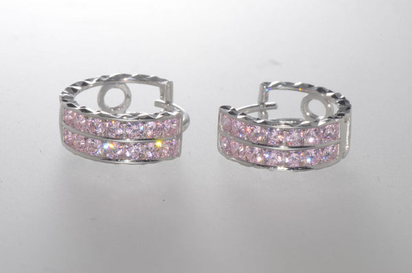 Sterling Silver Pink CZ Hoop Earrings 2 Row Cubic Zirconia CZ 14mm x 6mm - Jewelryland.com
