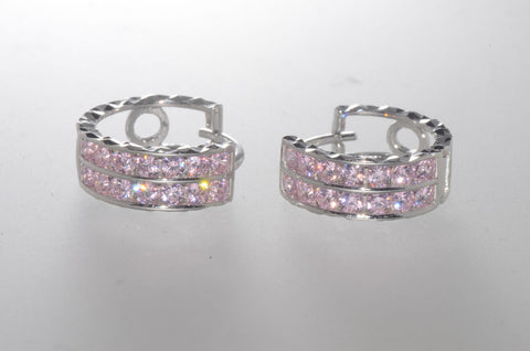 Sterling Silver Pink CZ Hoop Earrings 2 Row Cubic Zirconia CZ 14mm x 6mm - Jewelryland.com