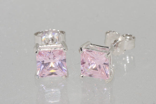 Square Pink CZ October Birthstone Stud Earrings .925 Sterling Silver Basket Set - Jewelryland.com