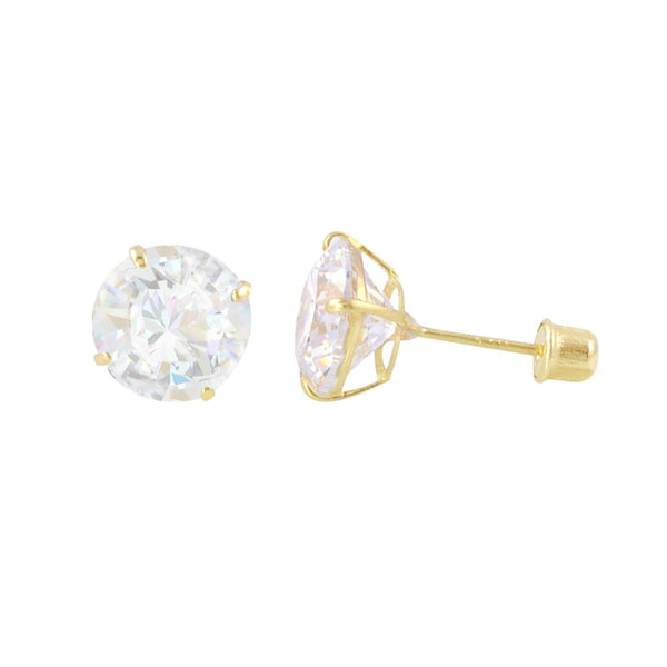 Round CZ Studs Screw Back Earrings Solid 14k Yellow Gold Clear Basket Set - Jewelryland.com