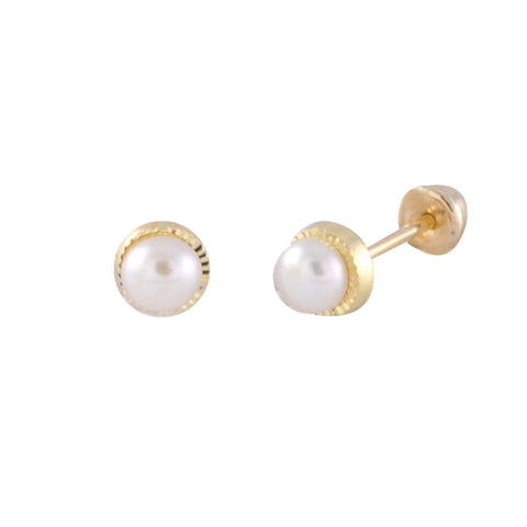 Pearl Earrings 10k Yellow Gold Screw Back 4mm with Laser Cut Bezel - Jewelryland.com