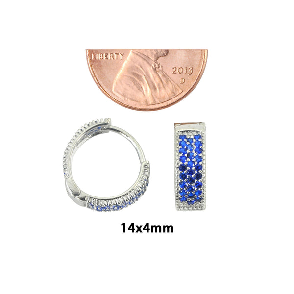 Sterling Silver Earrings Huggie Hoops Micropave Blue CZ 14mm x 4mm - Jewelryland.com