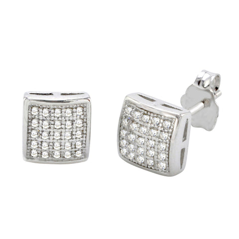 Sterling Silver Micropave Stud Earrings Puffy Square White CZ Cubic Zirconia 8mm - Jewelryland.com
