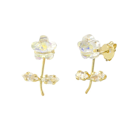 10k Yellow Gold CZ Flower with Stem Stud Earrings with Pushbacks 14mm x 9mm - Jewelryland.com