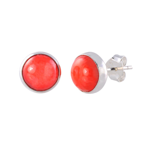 Sterling Silver Red Coral Gemstone Earrings 9mm Round Studs - Jewelryland.com