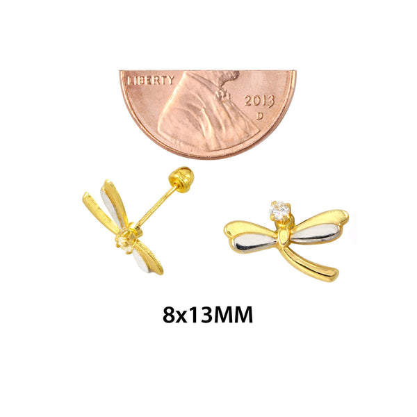 Dragonfly Stud Earrings 10k Gold Two Tone Gold Yellow and White Screwbacks 8x13 - Jewelryland.com