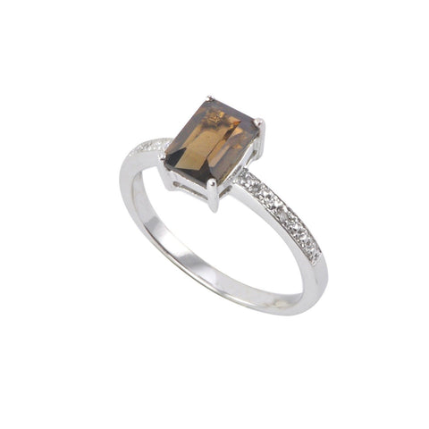 Sterling Silver .01ct Genuine Diamond Ring 7x5mm Smoky Quartz Rectangle Stone - Jewelryland.com