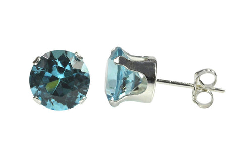 Sterling Silver Stud Earrings Round Aquamarine CZ Cubic Zirconia - Jewelryland.com