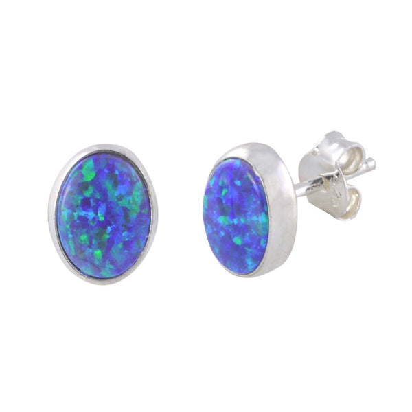 Opal Gemstone Stud Earrings Sterling Silver Navy Blue Green 7mm x 9mm Oval - Jewelryland.com