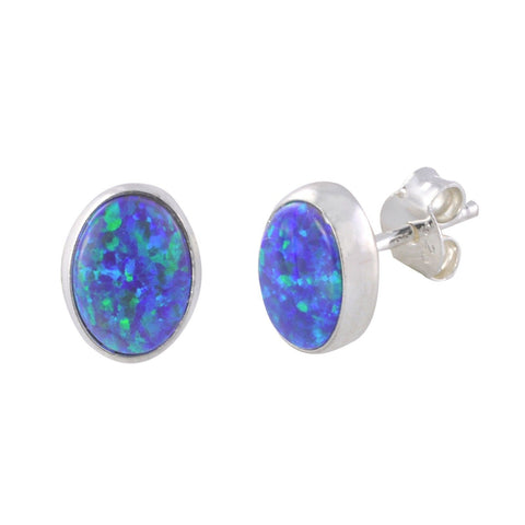 Opal Gemstone Stud Earrings Sterling Silver Navy Blue Green 7mm x 9mm Oval - Jewelryland.com