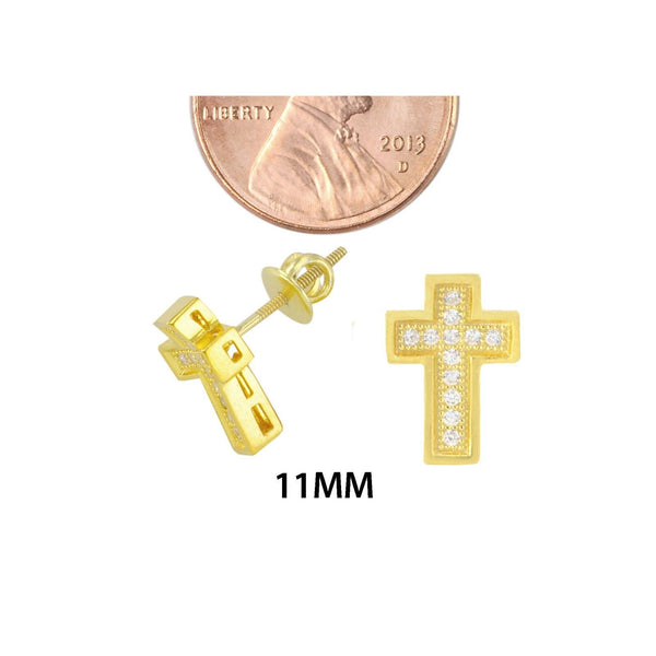 Cross Screwback Earrings Yellow Gold Plated Pave CZ Cubic Zirconia 11mm - Jewelryland.com