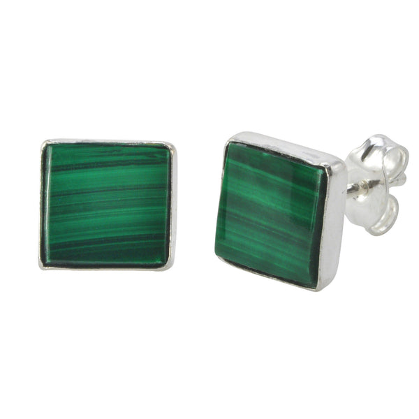 Malachite Stud Earrings 925 Sterling Silver 9mm Square - Jewelryland.com