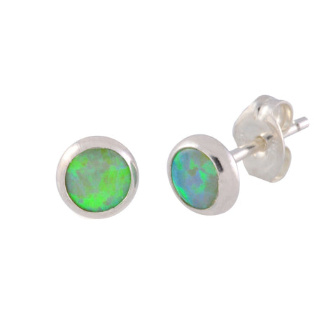 Ladies Opal Earrings Round Iridescent Green Sterling Silver Studs 6mm - Jewelryland.com