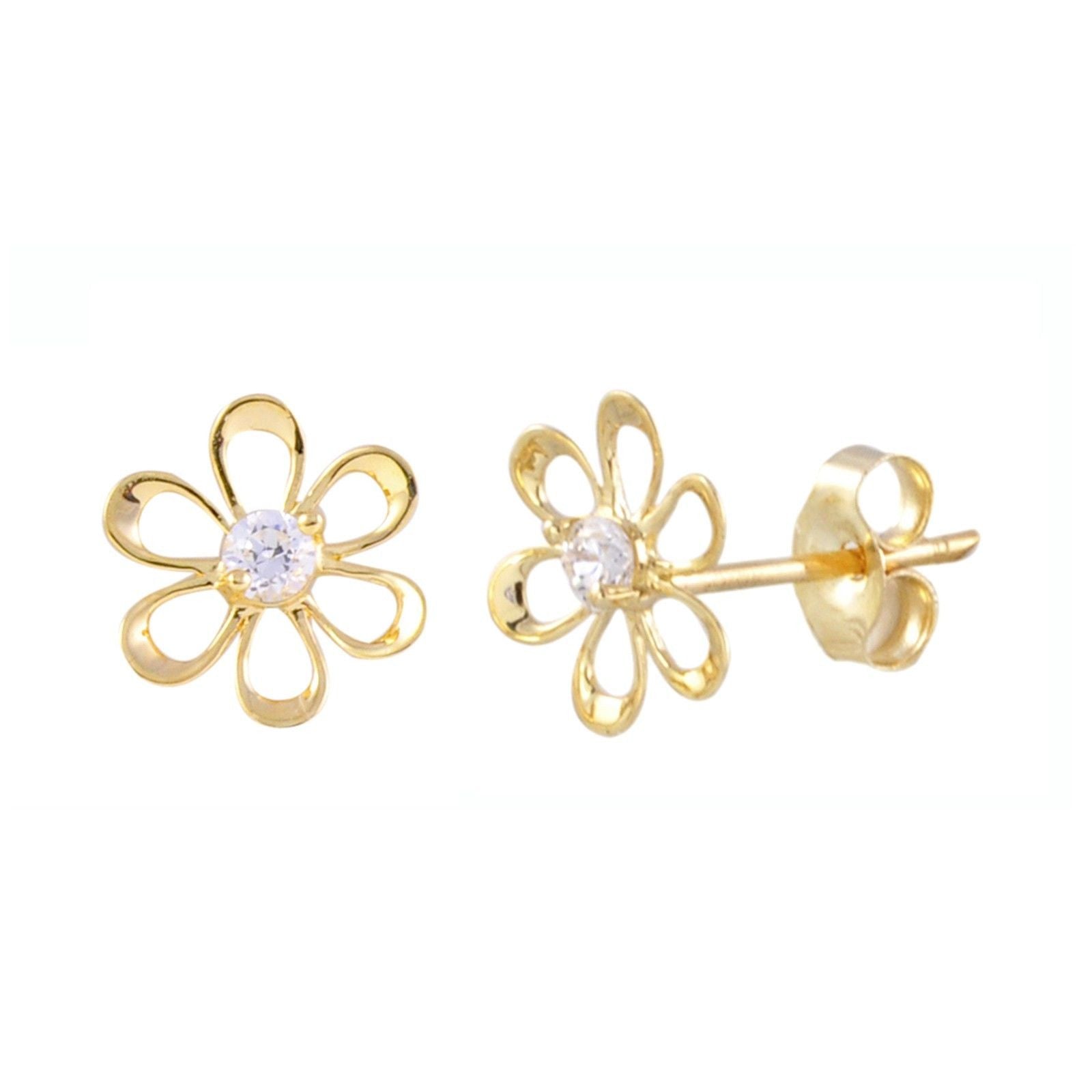 14k Yellow Gold Daisy Flower Stud Earrings 7mm CZ | Jewelryland.com