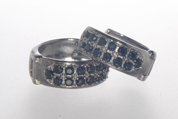 Sterling Silver Black Hoop Earrings 2 Row Cubic Zirconia 13mm x 5mm - Jewelryland.com