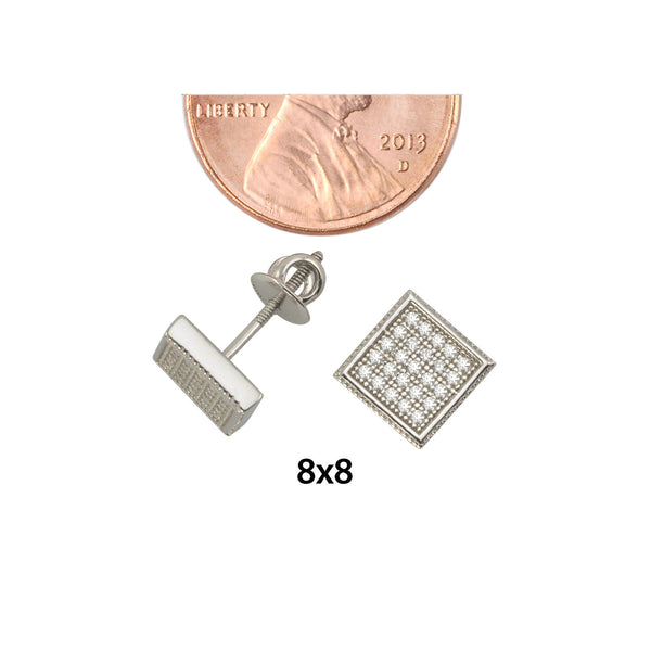 Sterling Silver Screw Back Earrings Pave Cubic Zirconia CZ Studs 8mm Square - Jewelryland.com