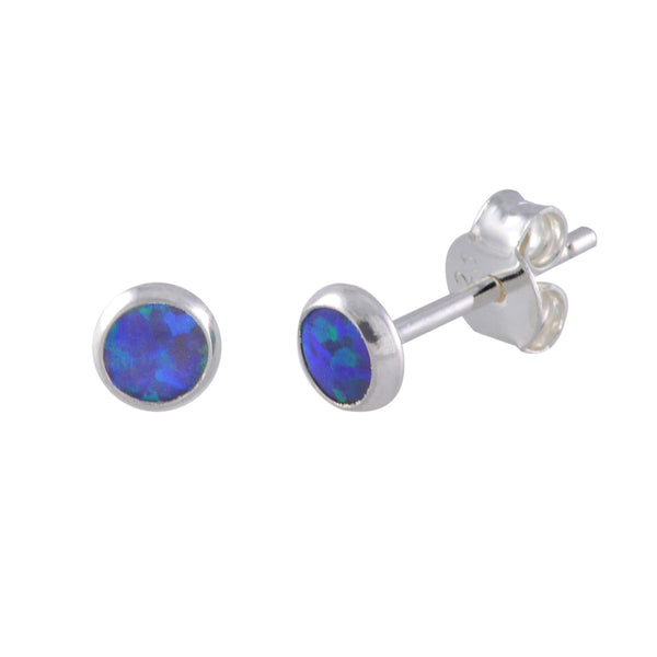 Opal Stud Earrings Navy Blue Green Gemstone Sterling Silver 5mm Round - Jewelryland.com