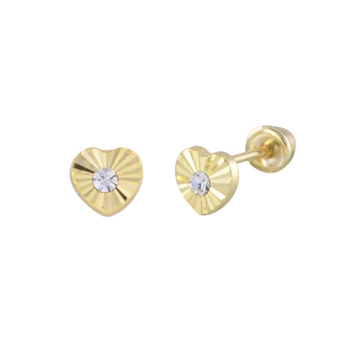 Heart Earrings 10k Yellow Gold Studs Screwback 4mm Laser Cut Design CZ - Jewelryland.com