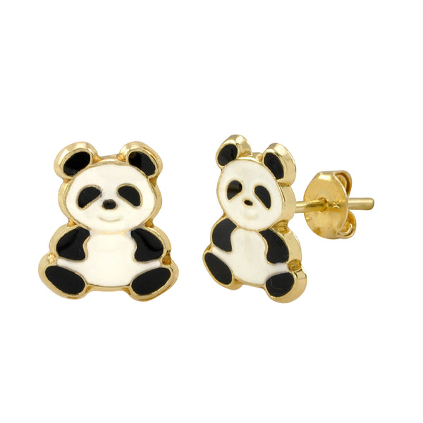 10k Yellow Gold Panda Bear Stud Earrings Hand Painted 10x8 - Jewelryland.com