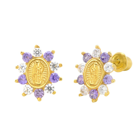 Sterling Silver Guadalupe Stud Earrings Purple Cubic Zirconia Gold Plated 10mm - Jewelryland.com