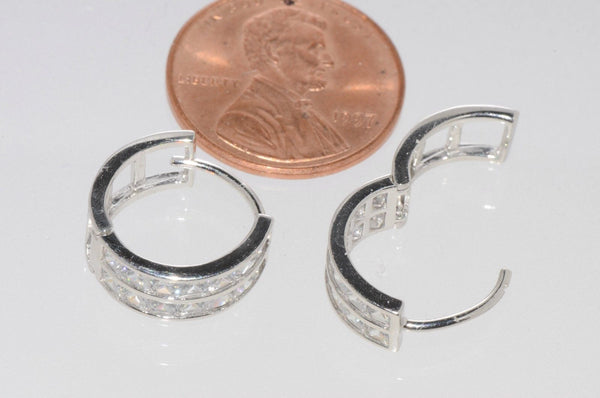 925 Sterling Silver Huggie Hoops Hinged Earrings Snap Closure 14mm 2 Row CZ - Jewelryland.com