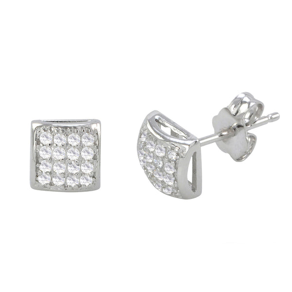 Sterling Silver Micropave Stud Earrings Puffy Square White CZ Cubic Zirconia 7mm - Jewelryland.com