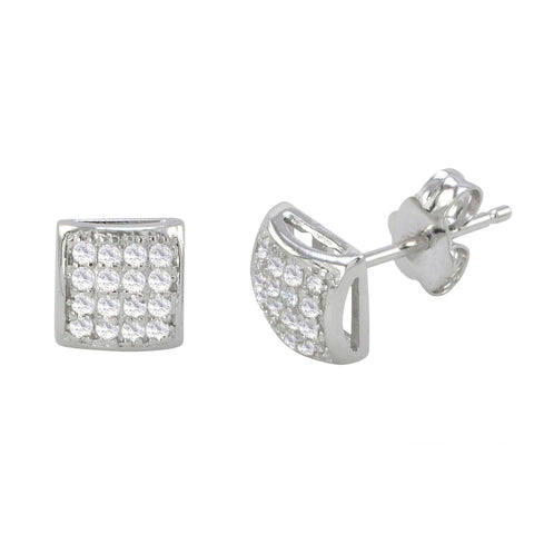 Sterling Silver Micropave Stud Earrings Puffy Square White CZ Cubic Zirconia 7mm - Jewelryland.com