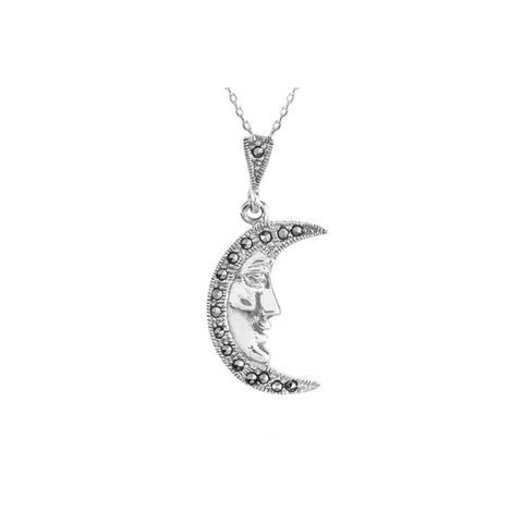 Marcasite Necklace Man in the Moon 18" Chain .925 Sterling Silver - Jewelryland.com