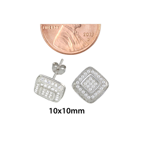 Sterling Silver Micropave Stud Earrings Square with Frame CZ Cubic Zirconia 10mm - Jewelryland.com