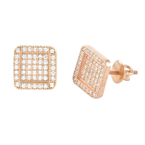 Screwback Earrings Rose Gold Plated Pave CZ Cubic Zirconia 9mm Rounded Frame - Jewelryland.com
