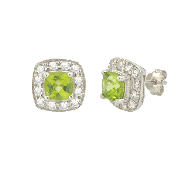 Peridot Gemstone Stud Earrings 925 Sterling Silver Square Micropave CZ Accent - Jewelryland.com