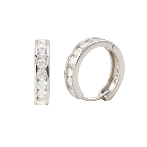 Sterling Silver Huggie Earrings Hinged Hoops White CZ Cubic Zirconia 14mm x 3mm - Jewelryland.com