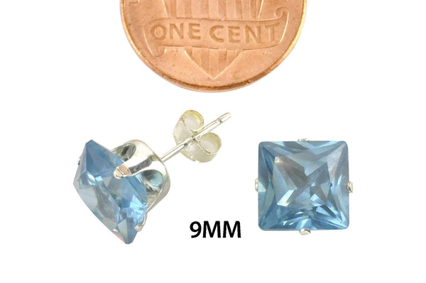 Square Aquamarine CZ March Birthstone Stud Earrings Silver Cubic Zirconia Prong - Jewelryland.com