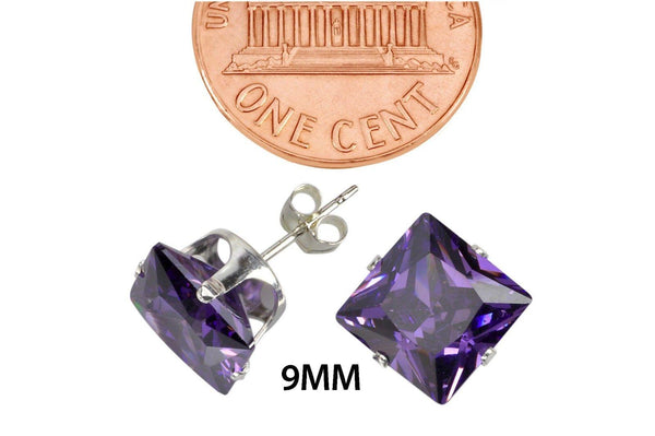 Sterling Silver Square Purple CZ Cubic Zironia Stud Earrings February Birthstone - Jewelryland.com