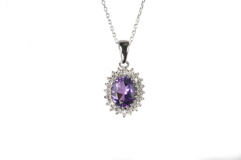 Sterling Silver Amethyst and Diamond Necklace (.01ct) Oval Pendant Necklace - Jewelryland.com