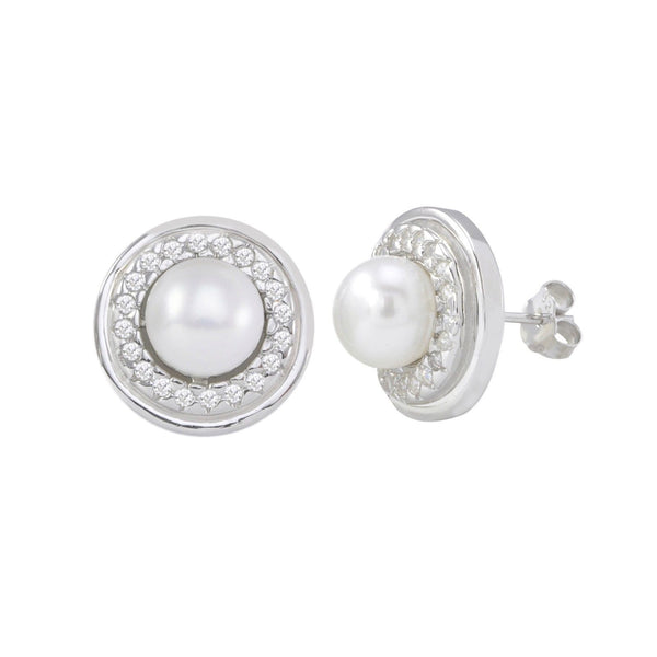 White Freshwater Pearl Stud Earrings Fancy White Circle CZ Sterling Silver - Jewelryland.com