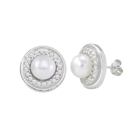 White Freshwater Pearl Stud Earrings Fancy White Circle CZ Sterling Silver - Jewelryland.com