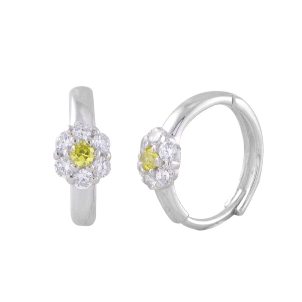 Sterling Silver Huggie Earrings Mini Flower CZ Birthstone Colors Hinged Hoops - Jewelryland.com