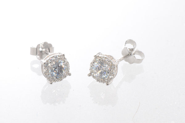 Halo Cubic Zirconia Stud Earrings Sterling Silver 6mm Fancy Micropave Outline - Jewelryland.com