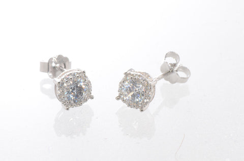 Halo Cubic Zirconia Stud Earrings Sterling Silver 6mm Fancy Micropave Outline - Jewelryland.com