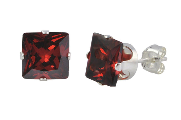Garnet CZ Earrings Red January Birthstone Studs Sterling Silver Square Prong - Jewelryland.com