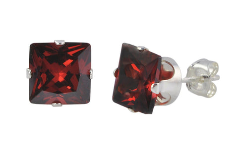 Garnet CZ Earrings Red January Birthstone Studs Sterling Silver Square Prong - Jewelryland.com