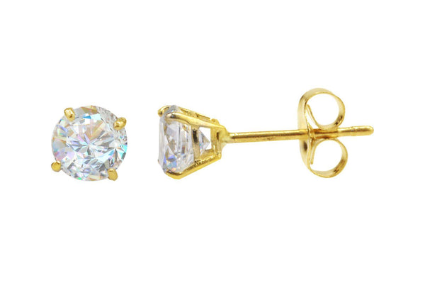 14k Yellow Gold Stud Earrings Clear Round Basket Cubic Zirconia Pushbacks - Jewelryland.com