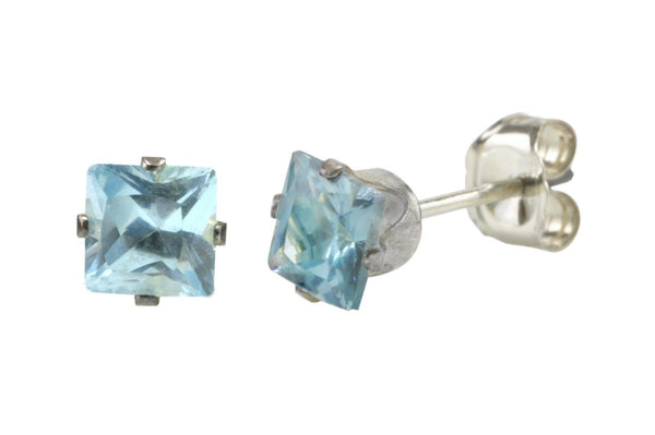 Square Aquamarine CZ March Birthstone Stud Earrings Silver Cubic Zirconia Prong - Jewelryland.com