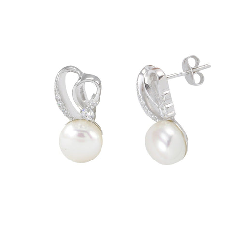 Sterling Silver White Freshwater Pearl Stud Earrings Abstract CZ Heart Design - Jewelryland.com