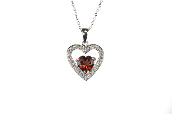 Sterling Silver Diamond Heart Pendant Necklace with Garnet Gemstone - Jewelryland.com